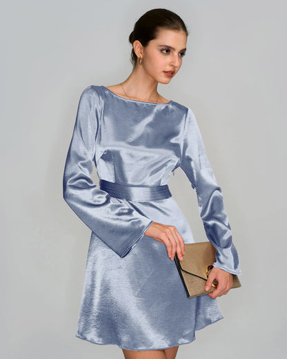 Blue Boat Neck Satin Mini Dress