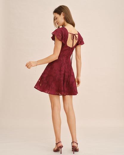 Wine Red Square Neck Jacquard Mini Dress