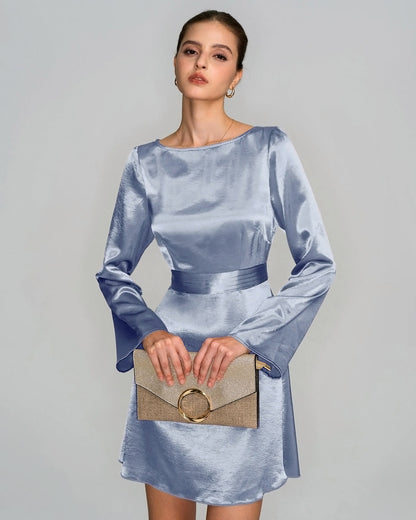 Blue Boat Neck Satin Mini Dress