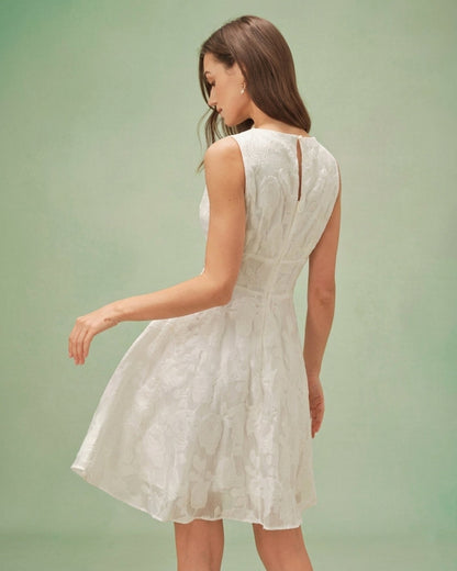 White Round Neck Jacquard Mini Dress