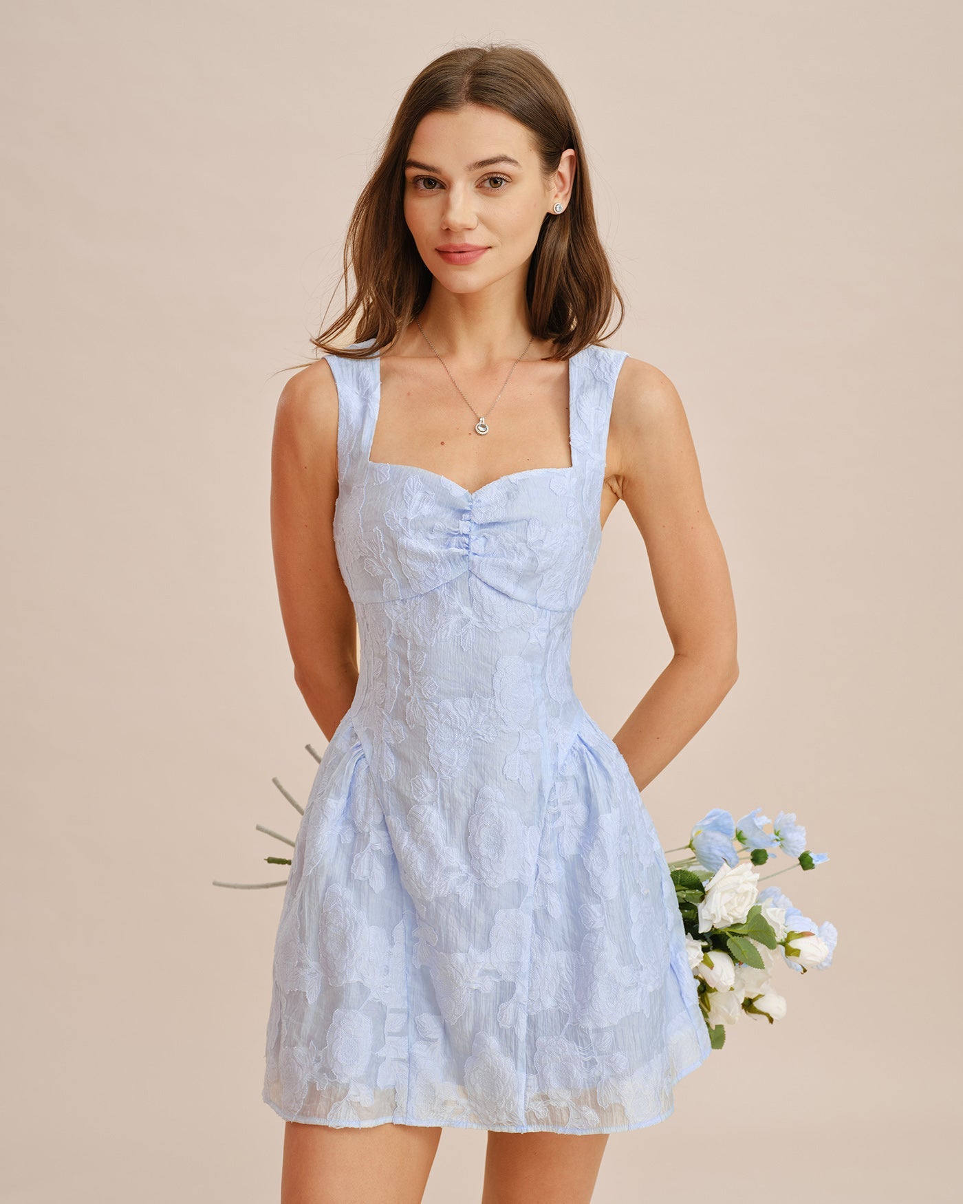 Blue Sweetheart Neck Jacquard Mini Dress