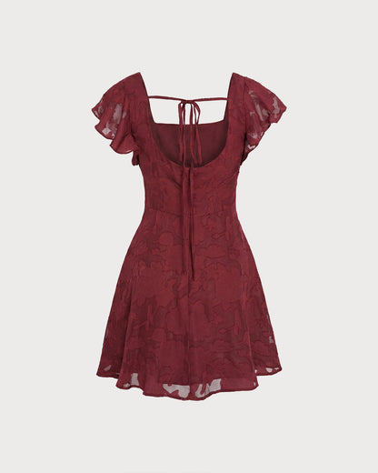 Wine Red Square Neck Jacquard Mini Dress