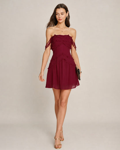 Red Ruffle Strapless Chiffon Mini Dress