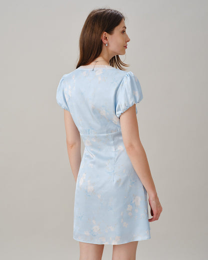 Blue V Neck Lace Splicing Floral Mini Dress