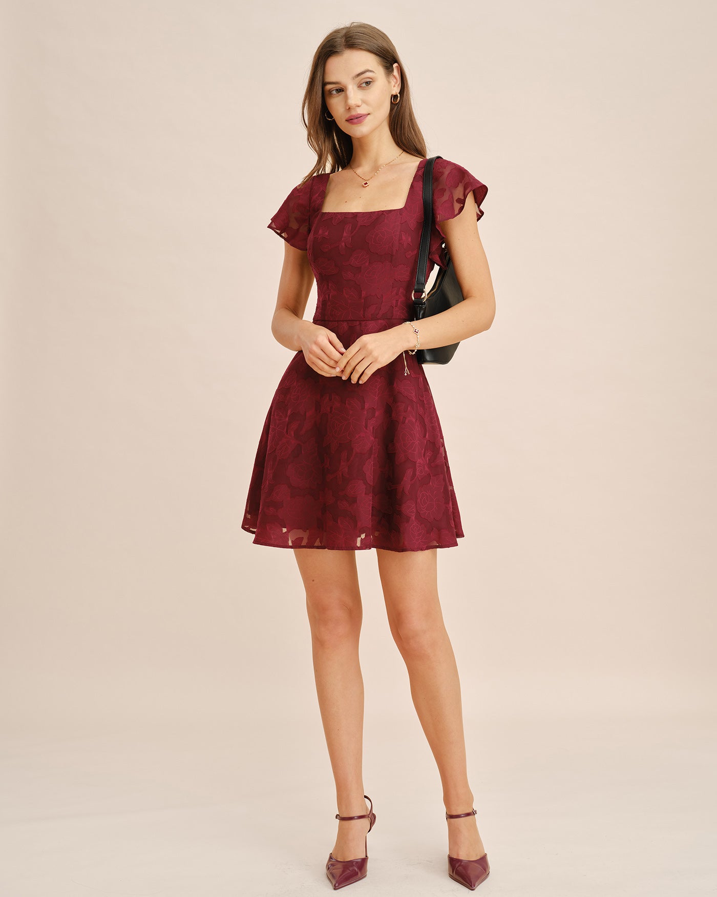 Wine Red Square Neck Jacquard Mini Dress