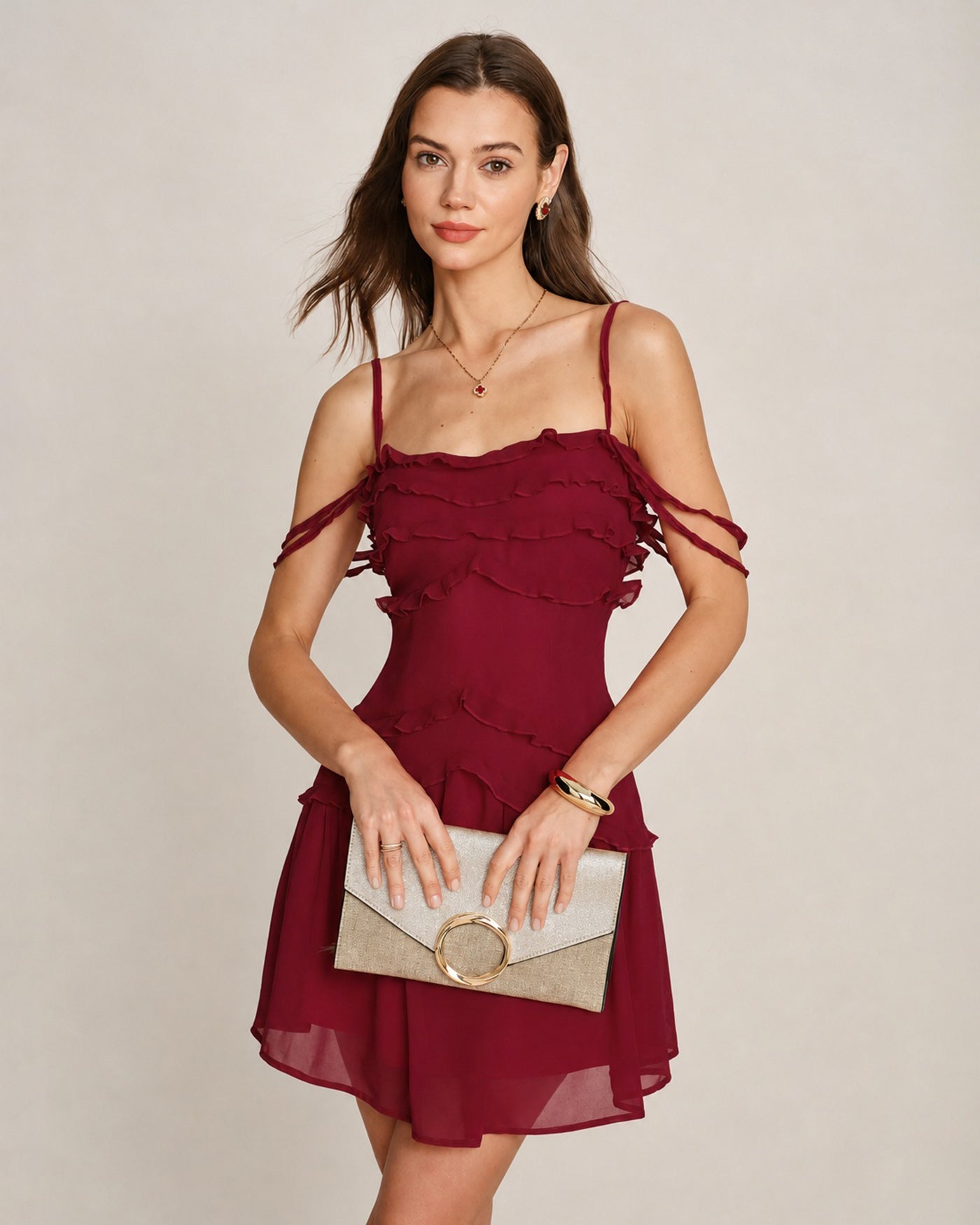 Red Ruffle Strapless Chiffon Mini Dress
