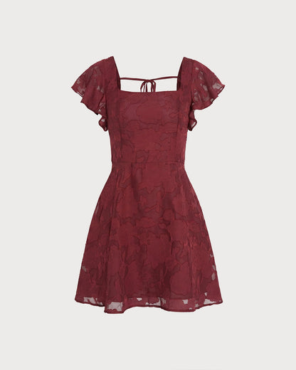 Wine Red Square Neck Jacquard Mini Dress