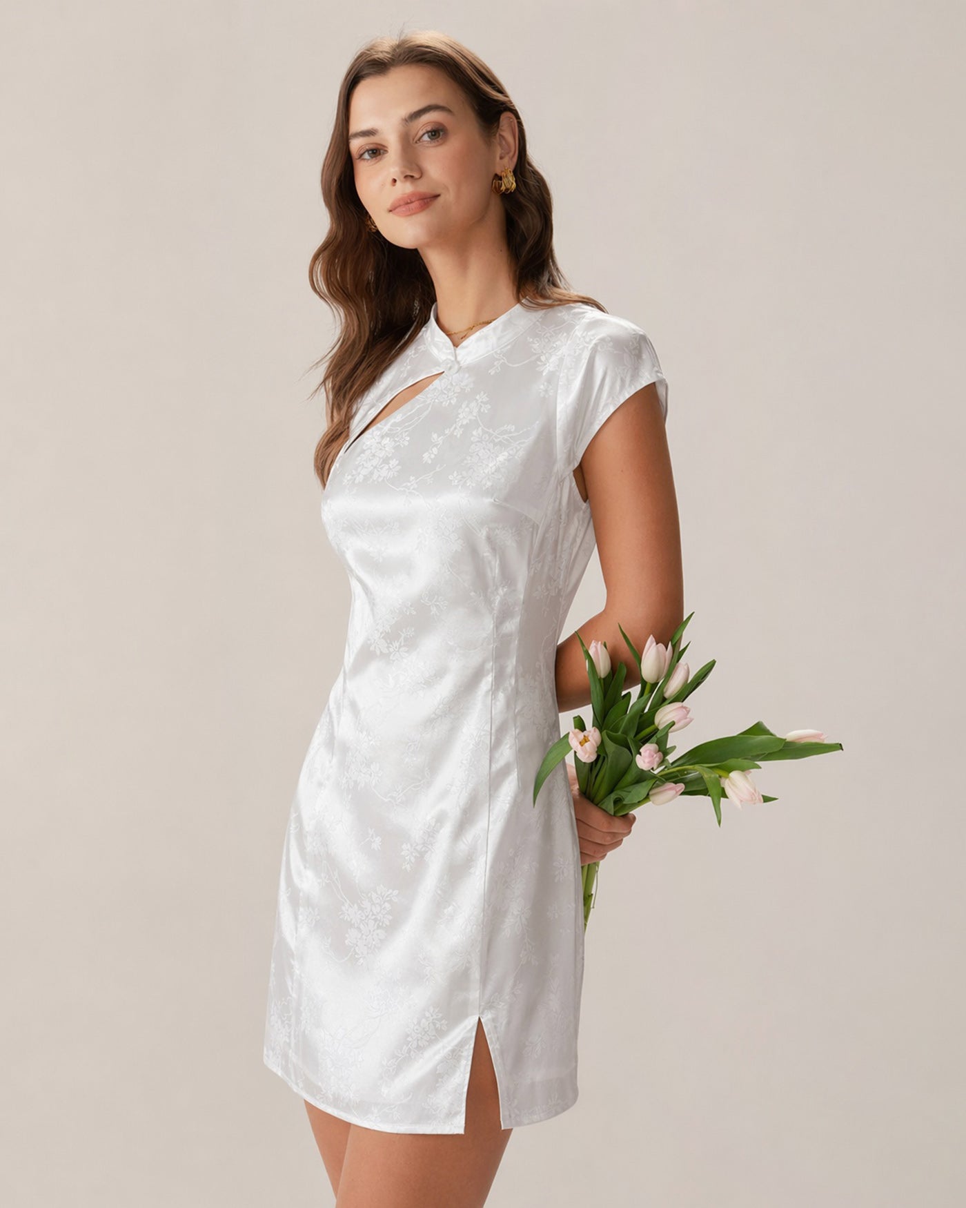 White Mandarin Collar Jacquard Mini Dress