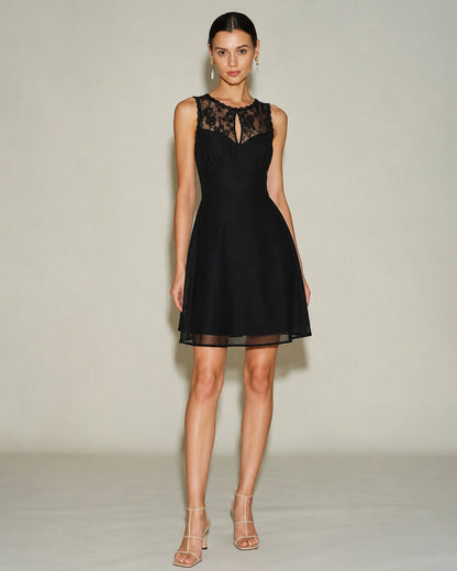 Black Sleeveless Boat Neck Lace Mini Dress