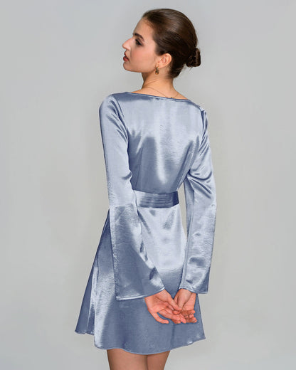Blue Boat Neck Satin Mini Dress