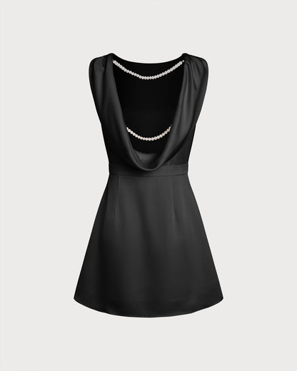 Black Boat Neck Pearl A-Line Mini Dress