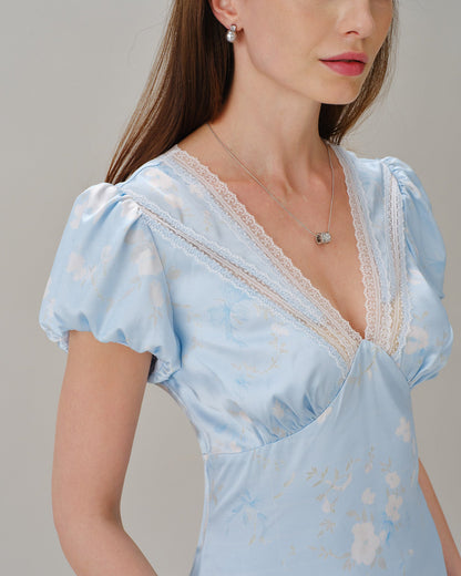 Blue V Neck Lace Splicing Floral Mini Dress