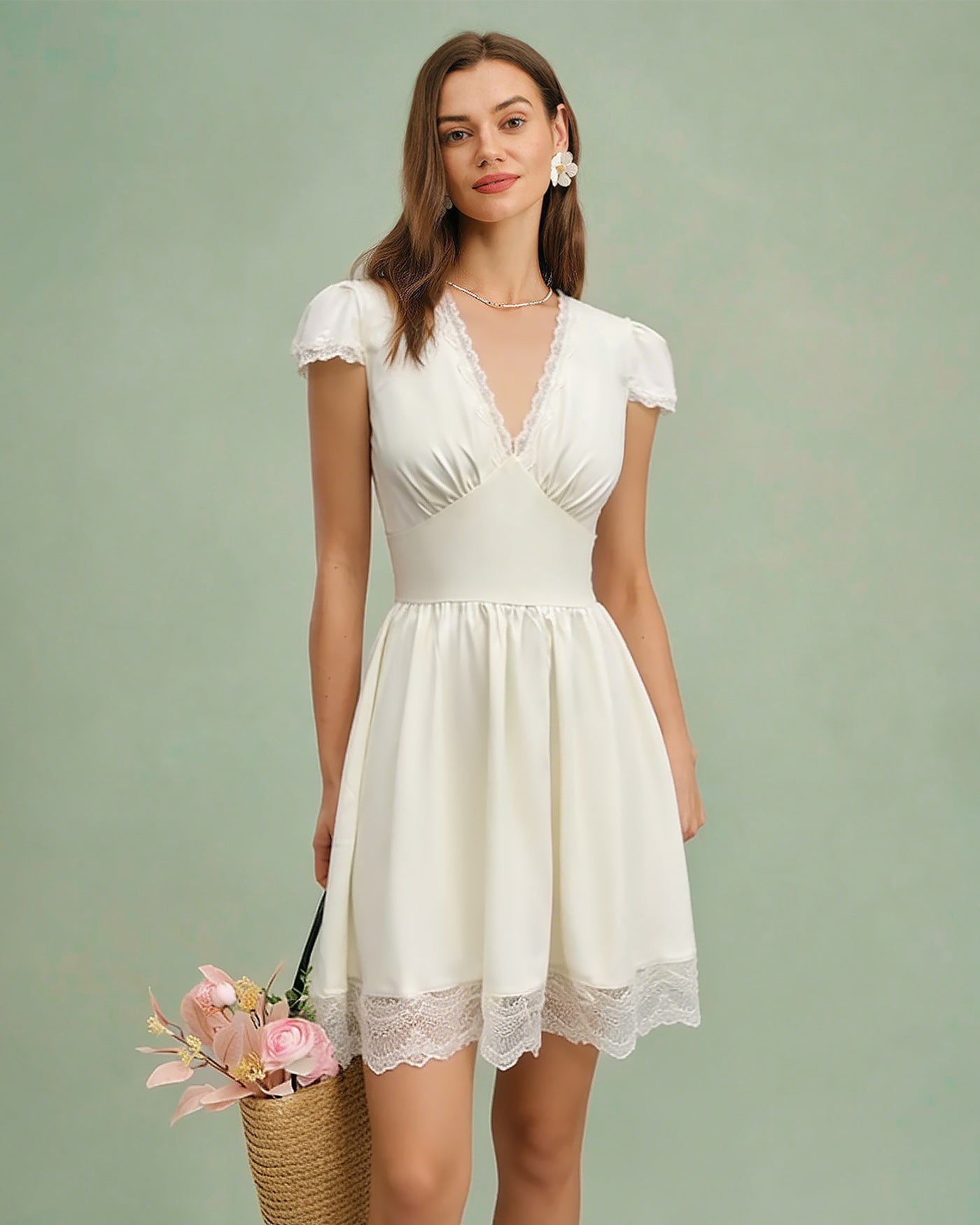 Apricot V Neck Lace Splicing Mini Dress