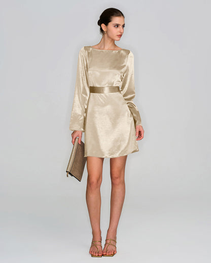 Apricot Boat Neck Satin A-Line Mini Dress