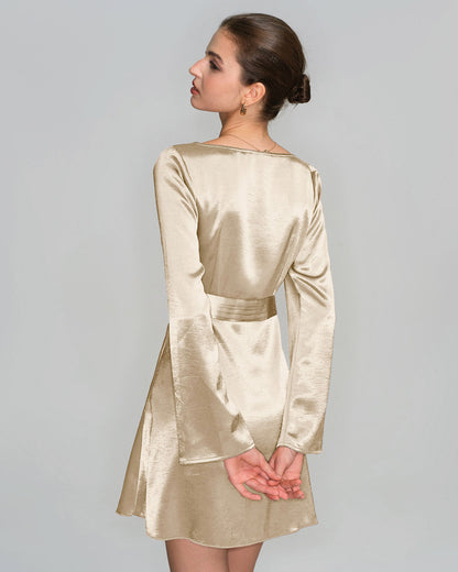Apricot Boat Neck Satin A-Line Mini Dress