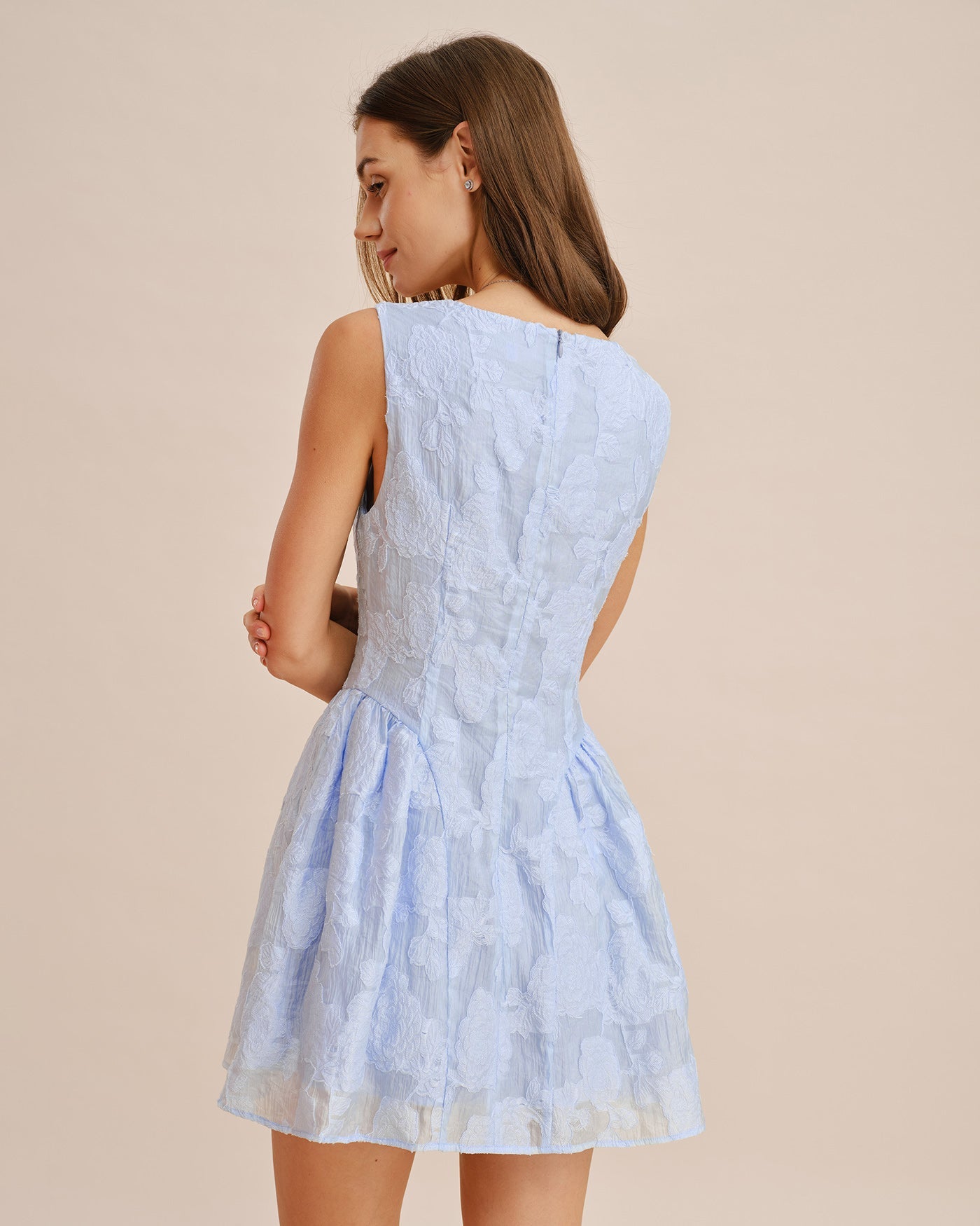 Blue Sweetheart Neck Jacquard Mini Dress
