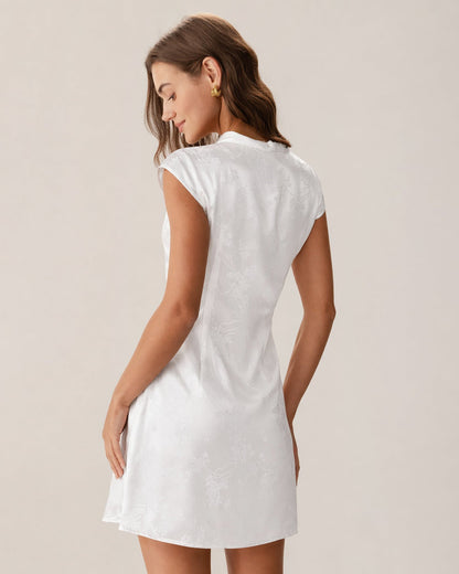 White Mandarin Collar Jacquard Mini Dress