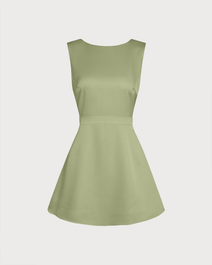 Green Boat Neck Pearl Satin Mini Dress