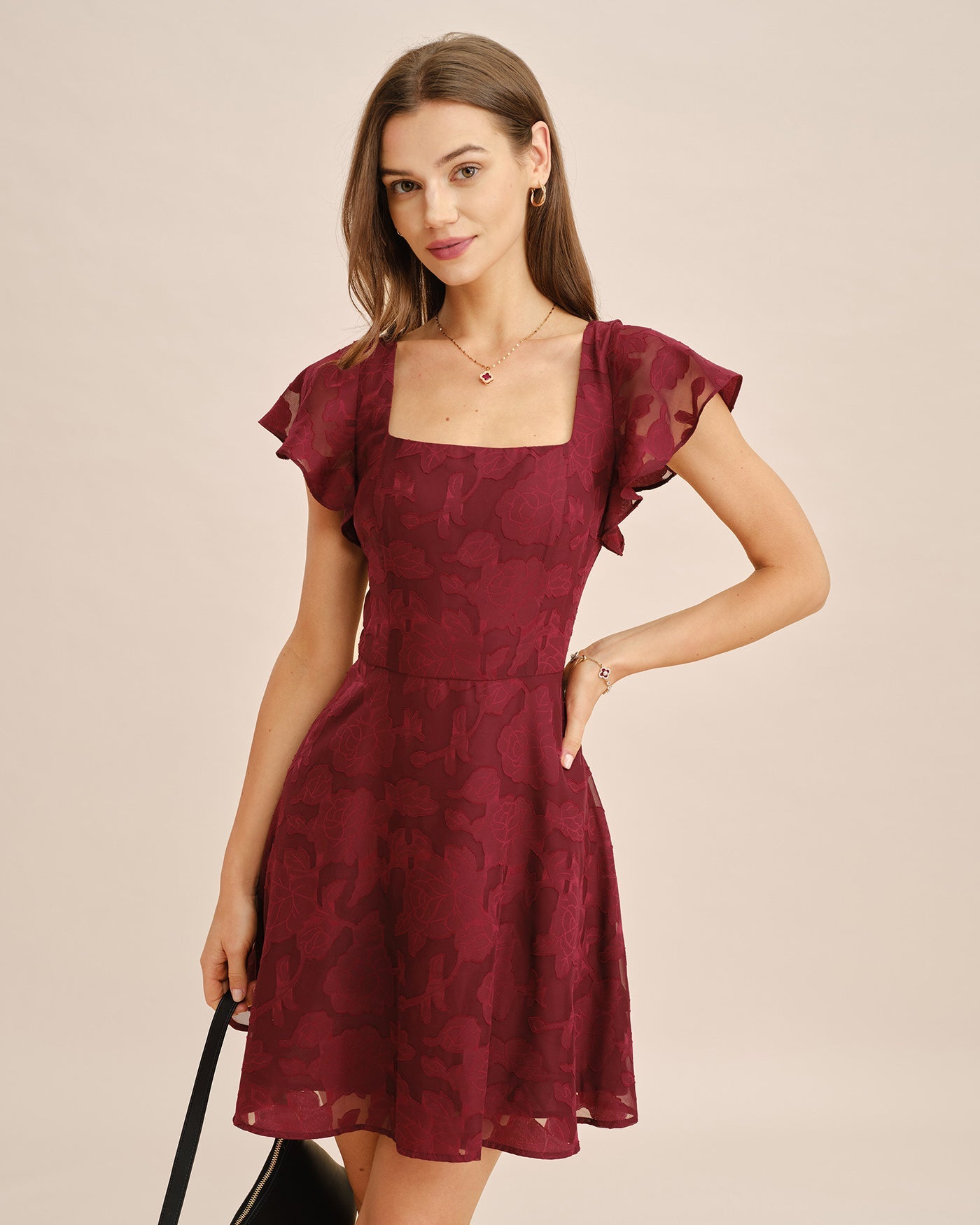 Women's Woven Polyester Mini Dress Wine Red Dresses - RIHOAS