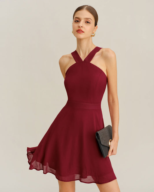 Women's Woven Polyester Mini Dress Wine Red Dresses - RIHOAS