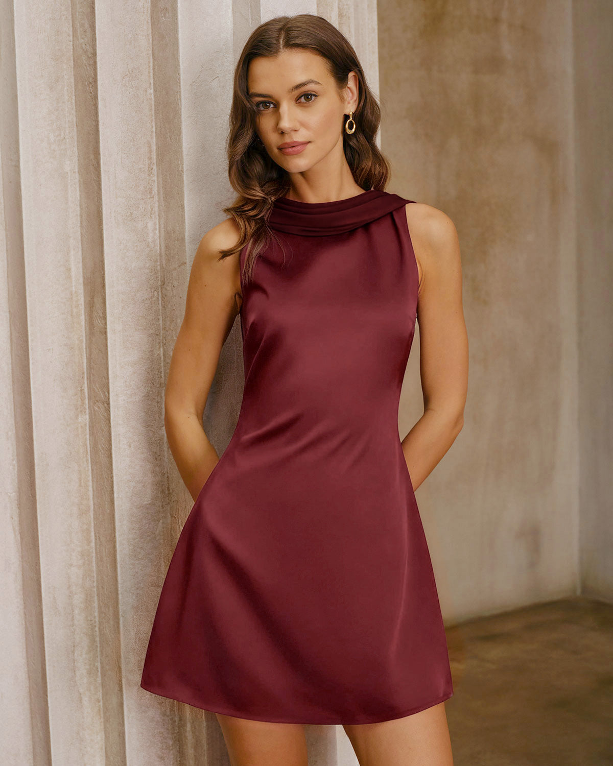 Women's Woven Polyester Mini Dress Wine Red Dresses - RIHOAS