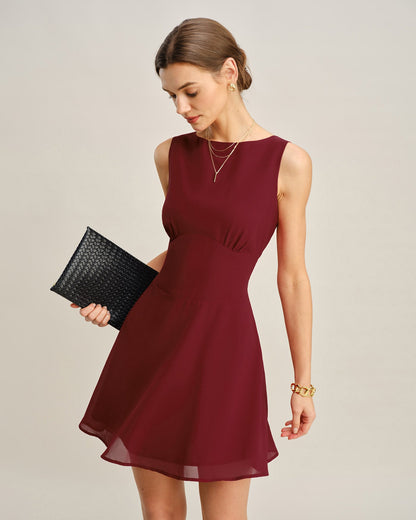 Women's Woven Polyester Mini Dress Wine Red Dresses - RIHOAS