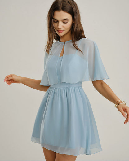Blue Sweetheart Neck Chiffon Mini Dress