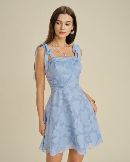 Blue Square Neck Tie Strap Jacquard Mini Dress