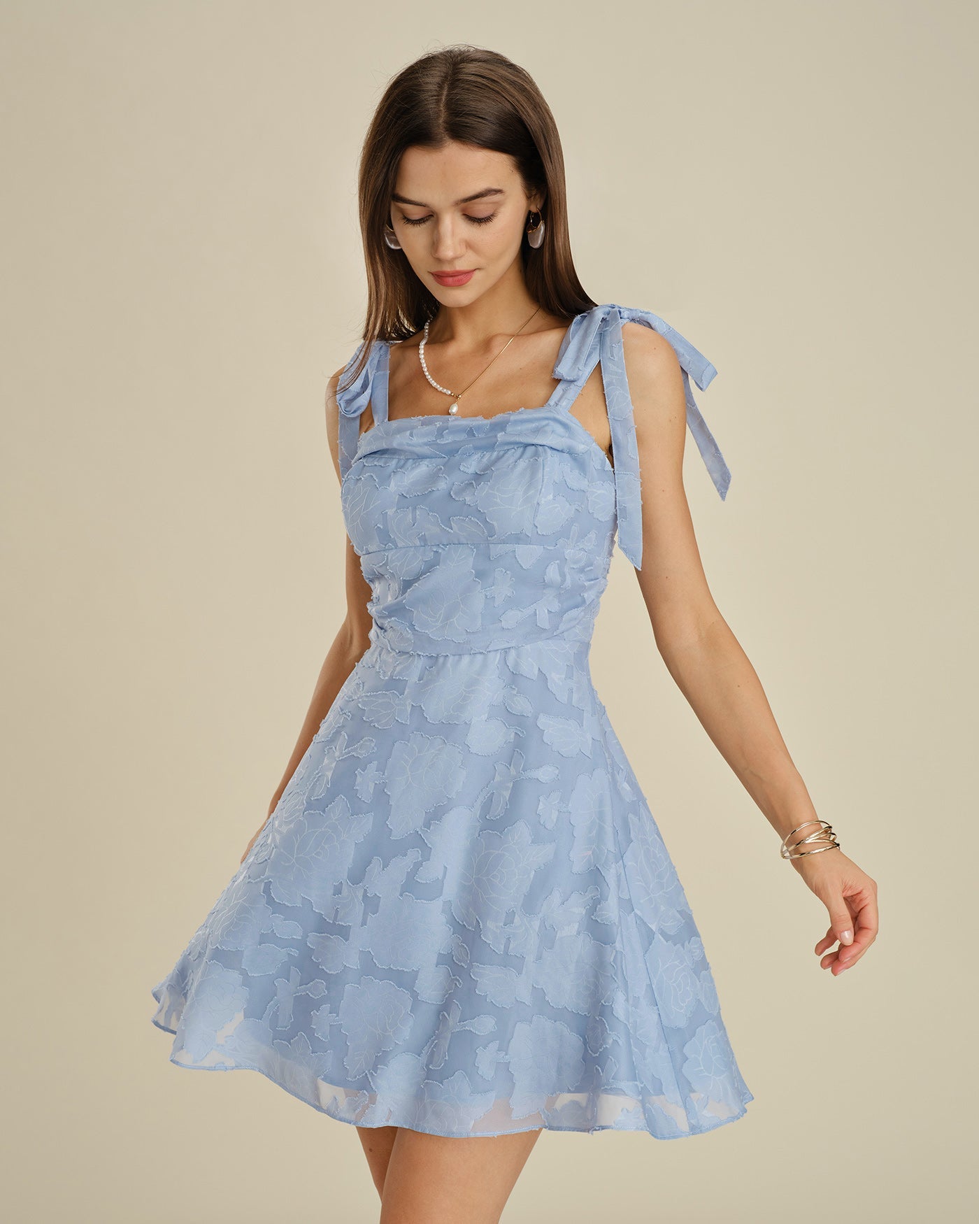 Blue Square Neck Tie Strap Jacquard Mini Dress