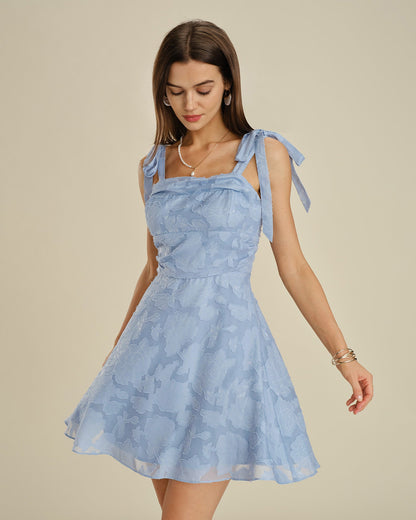 Blue Square Neck Tie Strap Jacquard Mini Dress