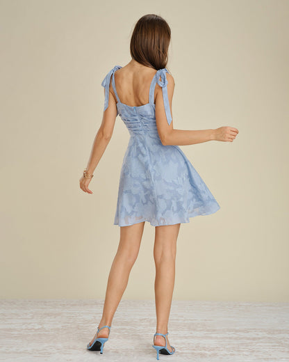 Blue Square Neck Tie Strap Jacquard Mini Dress