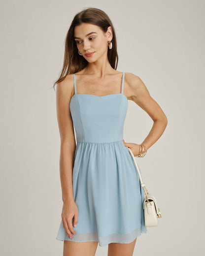 Blue Sweetheart Neck Chiffon Mini Dress