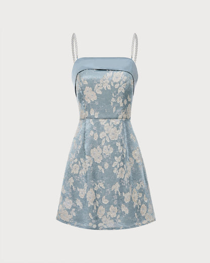 Blue Square Neck Pearl Jacquard Mini Dress