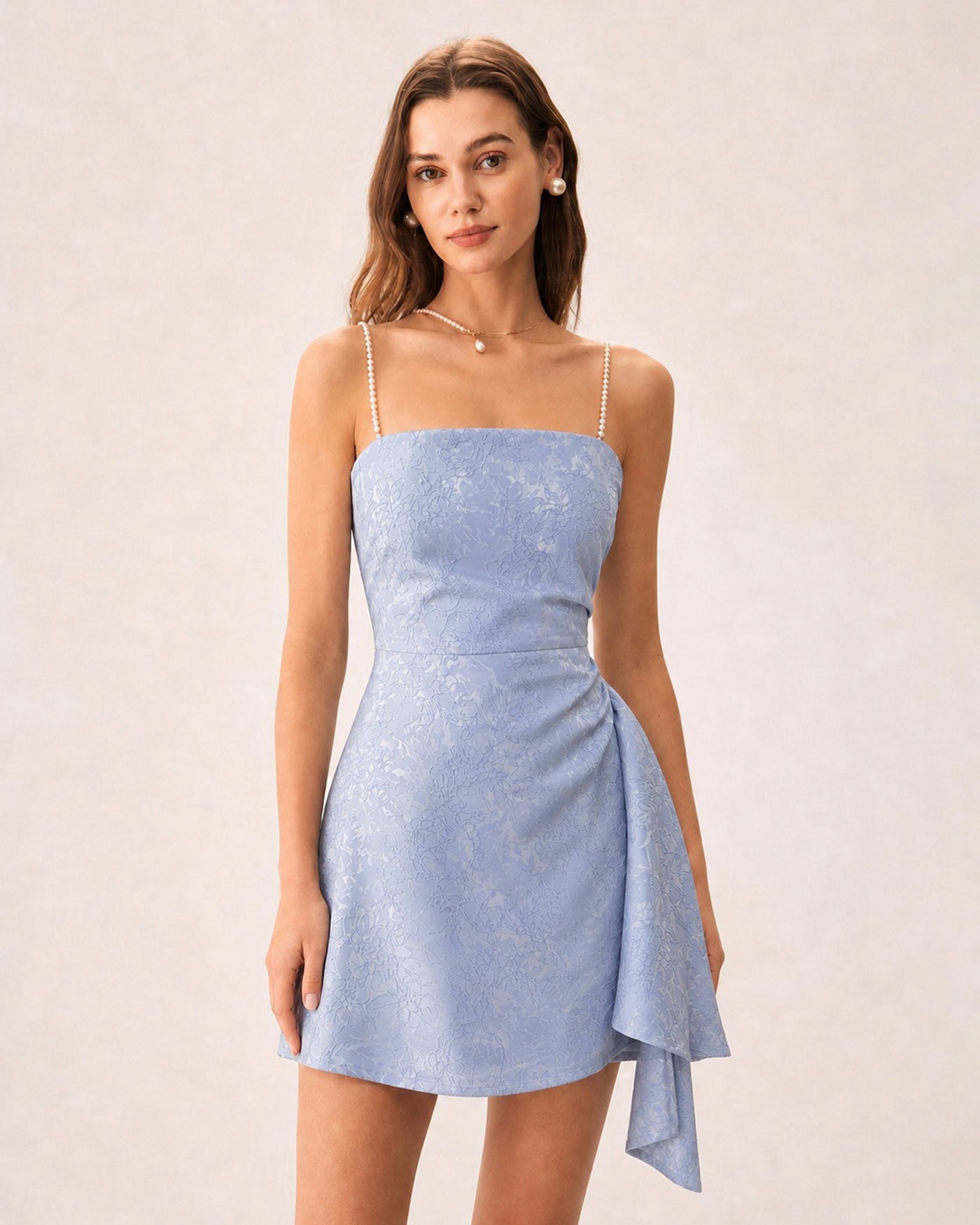 Blue Jacquard Pearls Slip Mini Dress