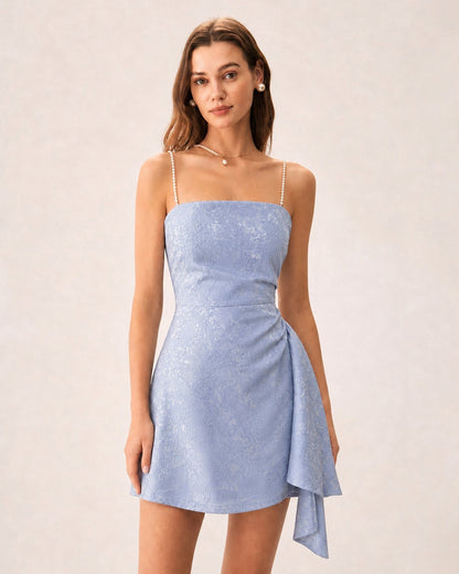 Blue Jacquard Pearls Slip Mini Dress