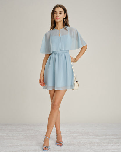 Blue Sweetheart Neck Chiffon Mini Dress