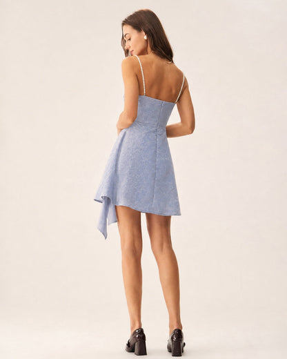 Blue Jacquard Pearls Slip Mini Dress