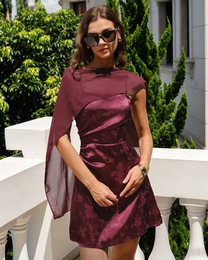 Red Jacquard Flowy Chiffon Mini Dress