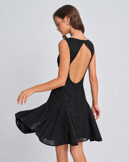 Black Boat Neck Backless Lace Mini Dress